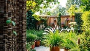 A lush, vibrant garden scene showcasing various "sichtschutz ideen" (privacy screen ideas) to create a secluded, tranquil oasis. In the foreground, a woven wicker privacy screen frames the view, its intricate textures and natural tones blending seamlessly with the surrounding foliage. In the middle ground, a row of potted plants and ornamental grasses offer additional layers of screening, their verdant hues and delicate fronds providing both visual interest and a sense of depth. In the background, a wooden fence or trellis adorned with climbing vines and flowering plants creates a picturesque backdrop, bathed in soft, diffused sunlight filtering through the canopy of trees above. The overall composition conveys a serene, well-designed outdoor space that prioritizes privacy and a harmonious integration with nature.