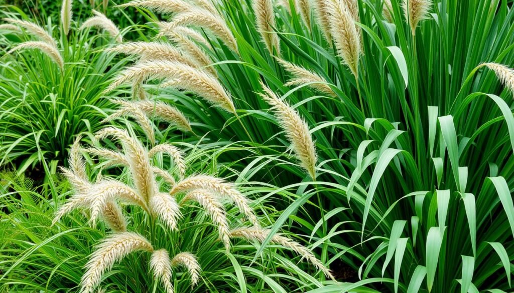 A lush, vibrant garden scene showcasing various types of ornamental grasses with detailed foliage and textures. The grasses are arranged in a natural, flowing composition, with a focus on the proper care and maintenance techniques. Soft, diffused lighting illuminates the scene, capturing the delicate movements of the grasses and creating a serene, tranquil atmosphere. The image depicts the essential steps for caring for garden grasses, such as pruning, dividing, and protecting during the changing seasons, conveying the subject's importance through visually captivating imagery.