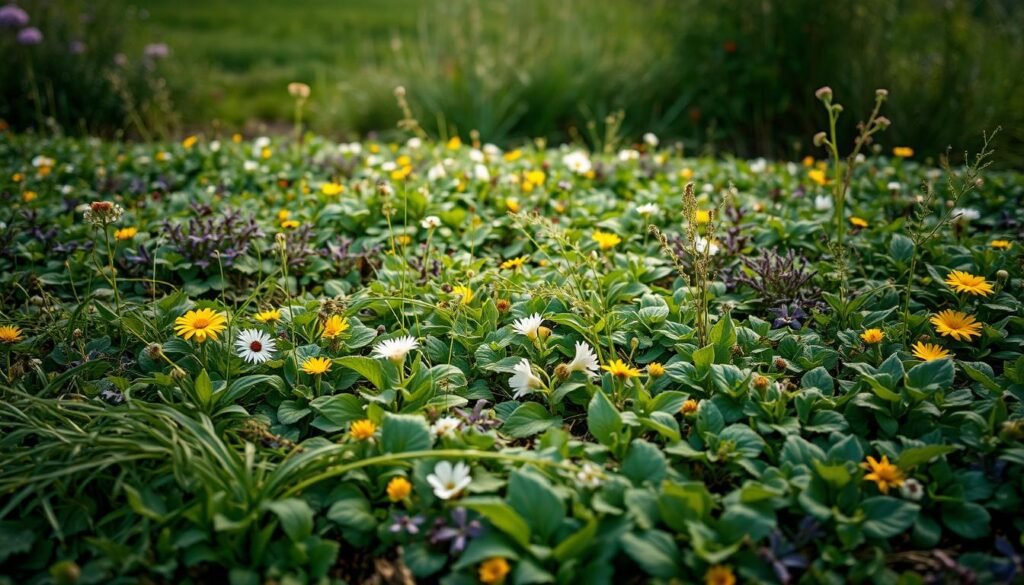 A lush, vibrant garden scene with a variety of low-growing, spreading groundcover plants covering the soil, gently competing with delicate wildflowers and weeds. The foreground is a rich tapestry of diverse greens, purples, yellows, and whites, creating a serene, natural aesthetic. The middle ground depicts the plants' intricate foliage and textures, while the background softly fades into a blurred, verdant landscape. Warm, diffused natural lighting illuminates the scene, casting gentle shadows and highlighting the plants' organic forms. The overall composition conveys a sense of harmony, balance, and the tranquil beauty of a well-established, thriving ground cover in a garden setting. A lush, vibrant garden scene with a variety of low-growing, spreading groundcover plants covering the soil, gently competing with delicate wildflowers and weeds. The foreground is a rich tapestry of diverse greens, purples, yellows, and whites, creating a serene, natural aesthetic. The middle ground depicts the plants' intricate foliage and textures, while the background softly fades into a blurred, verdant landscape. Warm, diffused natural lighting illuminates the scene, casting gentle shadows and highlighting the plants' organic forms. The overall composition conveys a sense of harmony, balance, and the tranquil beauty of a well-established, thriving ground cover in a garden setting.