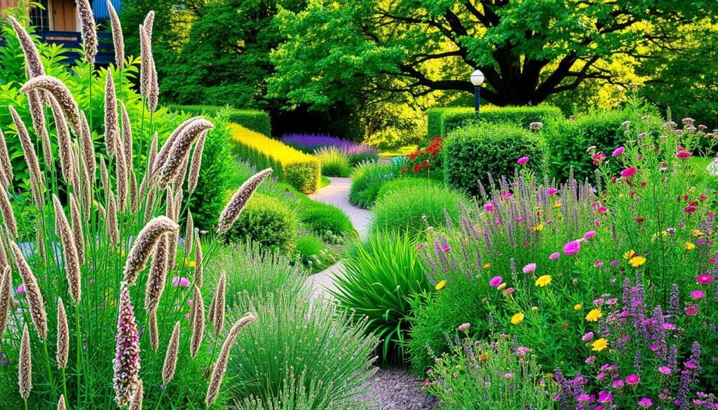 A lush, vibrant garden scene with a variety of perennial shrubs, flowers, and greenery. In the foreground, a mix of tall, swaying Staudengräser and Stauden with bursts of colorful blooms like Blumen in shades of pink, purple, and yellow. The middle ground features a natural, winding path framed by Hecken of fragrant, leafy shrubs. In the background, a verdant, mature tree canopy filters warm, dappled sunlight onto the scene. The overall atmosphere is one of tranquility, with a focus on the beauty and diversity of a sustainable, nature-inspired Garten.