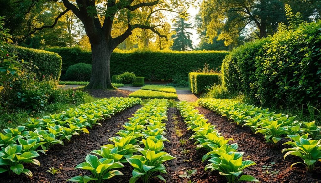 A lush, vibrant garden unfolds in a step-by-step process, showcasing a harmonious blend of carefully curated flora. In the foreground, rows of thriving plants emerge from neatly tended soil, their leaves and petals gently swaying in a soft breeze. The middle ground features a meandering path, inviting the viewer to explore the serene oasis. Towering trees and verdant hedges frame the backdrop, casting gentle shadows and filtering the warm, golden sunlight. The overall atmosphere radiates a sense of calm, order, and environmental consciousness, inspiring the viewer to envision their own sustainable garden sanctuary.