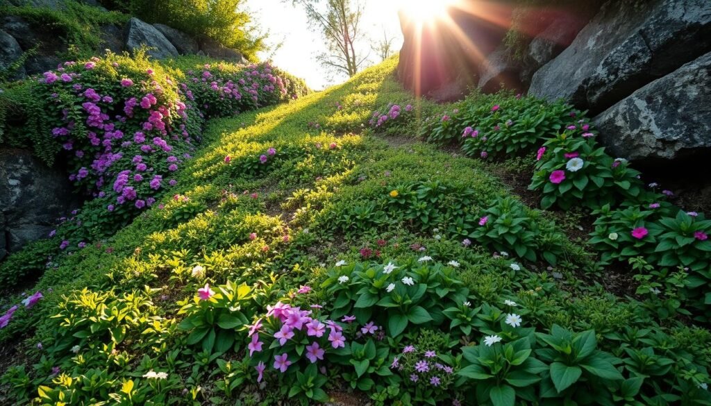 A lush, vibrant ground cover of various Bodendecker plants cascading down a gently sloping, rocky hillside. The diverse foliage in shades of green, with accents of pink, purple, and white flowers, clings tenaciously to the earth, stabilizing the soil and preventing erosion. Warm, golden sunlight filters through the canopy above, casting a soft, natural glow across the scene. The image captures the serene beauty and practical benefits of using Bodendecker plants to fortify and beautify garden slopes and embankments. A lush, vibrant ground cover of various Bodendecker plants cascading down a gently sloping, rocky hillside. The diverse foliage in shades of green, with accents of pink, purple, and white flowers, clings tenaciously to the earth, stabilizing the soil and preventing erosion. Warm, golden sunlight filters through the canopy above, casting a soft, natural glow across the scene. The image captures the serene beauty and practical benefits of using Bodendecker plants to fortify and beautify garden slopes and embankments.