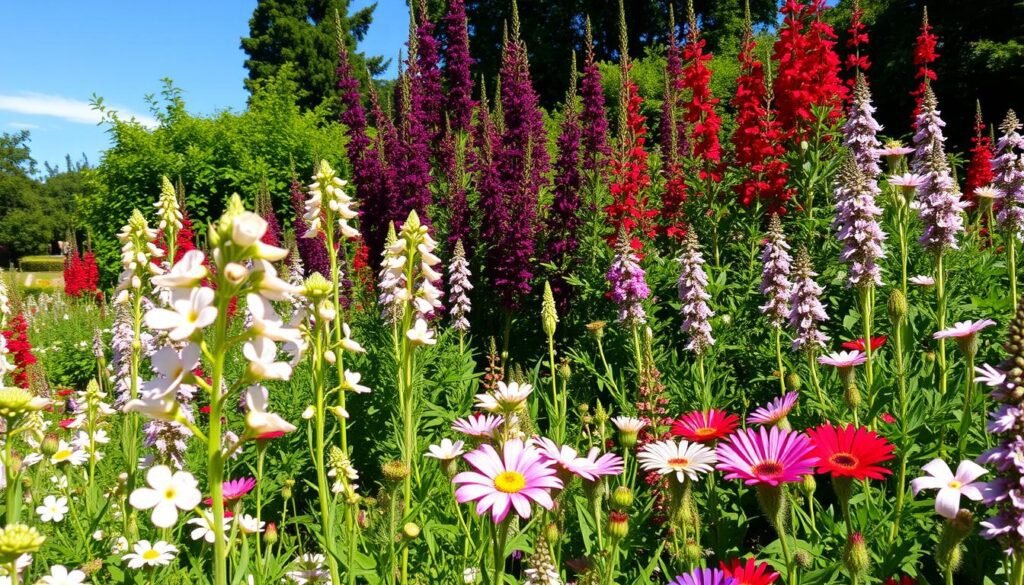 A lush, vibrant perennial flower bed in a sunlit garden, featuring a diverse array of blooming Stauden plants. In the foreground, delicate pastel-colored flowers sway gently in a soft breeze, their petals catching the warm light. The middle ground showcases a variety of tall, bushy Stauden specimens, their foliage in shades of green, purple, and red, creating a visually striking composition. In the background, a backdrop of verdant foliage and a clear blue sky provides a serene, natural setting. The scene is captured with a wide-angle lens, allowing the viewer to fully immerse themselves in the abundant, harmonious display of these hardy, resilient garden plants.
