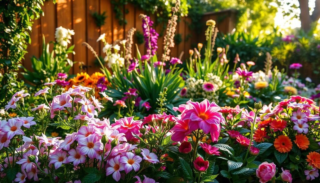 A lush, visually captivating floral display set against a warm, softly-lit garden backdrop. In the foreground, a vibrant array of blooming flowers - delicate petals in a rainbow of colors, accentuated by verdant foliage and intricate leaf patterns. The middle ground features a harmonious composition of complementary plant life, creating a sense of depth and natural balance. Dappled sunlight filters through the scene, casting a gentle, golden glow and lending an air of tranquility. The overall effect is one of botanical abundance and aesthetic delight, perfectly capturing the essence of a thoughtfully curated, aesthetically pleasing garden vignette.