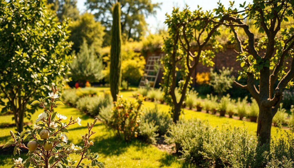 A lush, well-curated orchard in a sun-dappled garden, showcasing a diverse array of fruit tree forms. In the foreground, a compact, rounded dwarf apple tree with its delicate blossoms. Further back, a tall, graceful columnar pear tree stands proud, its slender branches reaching skyward. In the middle distance, a gnarled, ancient-looking espalier plum tree hugs the garden wall, its branches trained into a striking geometric pattern. The background is filled with the soft, blurred silhouettes of other heritage fruit trees, their shapes and sizes varying to create visual interest. The scene is bathed in warm, golden light, casting gentle shadows and imbuing the scene with a sense of peaceful tranquility. A lush, well-curated orchard in a sun-dappled garden, showcasing a diverse array of fruit tree forms. In the foreground, a compact, rounded dwarf apple tree with its delicate blossoms. Further back, a tall, graceful columnar pear tree stands proud, its slender branches reaching skyward. In the middle distance, a gnarled, ancient-looking espalier plum tree hugs the garden wall, its branches trained into a striking geometric pattern. The background is filled with the soft, blurred silhouettes of other heritage fruit trees, their shapes and sizes varying to create visual interest. The scene is bathed in warm, golden light, casting gentle shadows and imbuing the scene with a sense of peaceful tranquility.