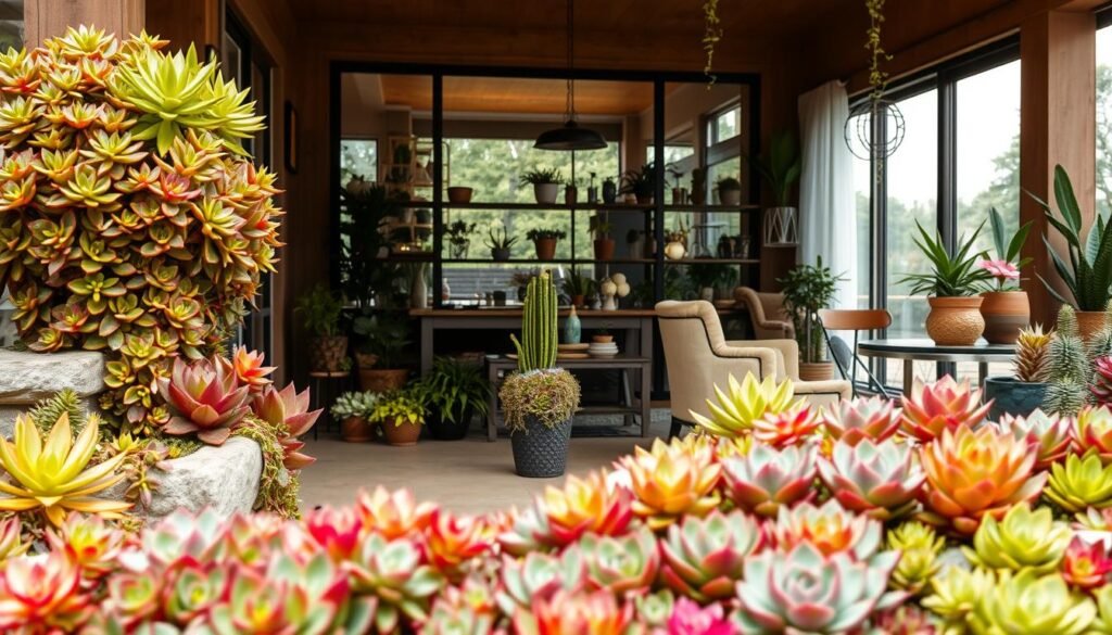 A lush, well-curated succulent garden beckons from the foreground, its varied shapes and textures creating a vibrant, harmonious display. Healthy, vibrant plants cascade down stone or ceramic planters, their vibrant hues complementing the warm, earthy tones of the surrounding patio or deck. In the middle ground, the indoor space comes into view, large windows allowing ample natural light to filter in and illuminate the carefully arranged succulent terrariums and potted plants adorning shelves and tabletops. Thoughtful placement and complementary decor elements, such as natural wood accents and minimalist furnishings, create a cohesive, serene atmosphere that seamlessly blends the outdoor and indoor succulent oasis. Soft, diffused lighting and a clean, uncluttered aesthetic convey a sense of tranquility and balance, inviting the viewer to immerse themselves in this lush, nature-inspired sanctuary.