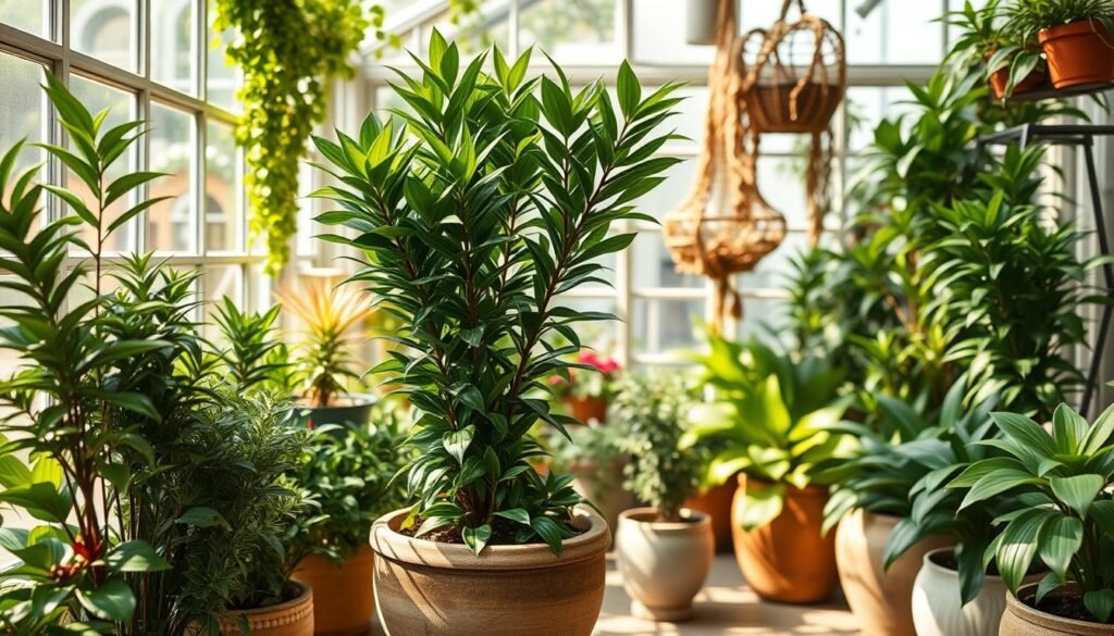 A lush, well-lit greenhouse interior, showcasing a variety of low-maintenance, evergreen plants potted in natural-looking ceramic planters. The focal point is a graceful, bushy-leaved plant with rich, glossy foliage, surrounded by a mix of complementary leafy greens in varying shapes and sizes. Warm, soft lighting filters through the glass walls, casting gentle shadows and highlighting the vibrant colors of the plants. The overall composition conveys a sense of serene, low-effort elegance perfect for brightening a cozy balcony space.