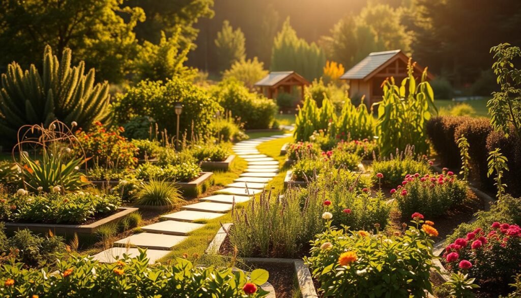 A lush, well-organized garden in a warm, golden afternoon light. In the foreground, neatly planned garden beds with a variety of flowering plants and herbs. In the middle ground, a meandering stone pathway winding through the beds, inviting exploration. In the background, a backdrop of verdant trees and shrubs, framing the scene. The overall composition conveys a sense of harmony, balance, and attention to detail - a garden that has been carefully planned and tended to. The lighting casts a soft, natural glow, enhancing the vibrant colors and textures of the plants. This image beautifully captures the essence of a thoughtfully designed, sustainable garden.