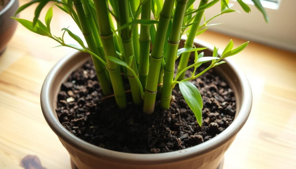 A lush, well-rooted clump of Glücksbambus (Lucky Bamboo) nestled in a shallow ceramic pot, positioned on a wooden surface. The bamboo stalks sway gently, their vibrant green leaves catching the soft natural light filtering through a nearby window. The soil substrate is a rich, dark mixture, perfectly suited for the plant's healthy growth. A sense of tranquility and good fortune emanates from the scene, inviting the viewer to imagine the optimal care this Glücksbambus requires to thrive.