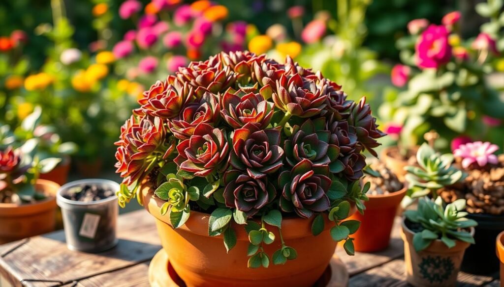 A lush, well-tended Aeonium garden in a terracotta planter, illuminated by warm, natural lighting. The rosette-shaped succulents are in full bloom, their fleshy leaves radiating shades of deep green, purple, and red. The pot is placed on a rustic wooden table, surrounded by other potted plants, creating a harmonious, earthy composition. In the background, a blurred garden scene with vibrant flowers and greenery provides a verdant backdrop. The image conveys a sense of tranquility and the joy of cultivating these captivating, low-maintenance succulents.