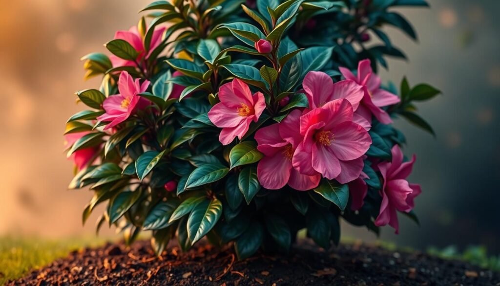 A lush, well-tended Camellia shrub in full bloom, its vibrant pink flowers contrasting beautifully against the rich green foliage. The plant is set against a softly blurred, atmospheric background, with warm, diffused lighting gently illuminating the scene. The soil around the base of the plant appears moist and nourished, indicating careful watering and fertilization. The overall composition exudes a sense of tranquility and horticultural mastery, showcasing the essence of caring for these magnificent flowering plants.