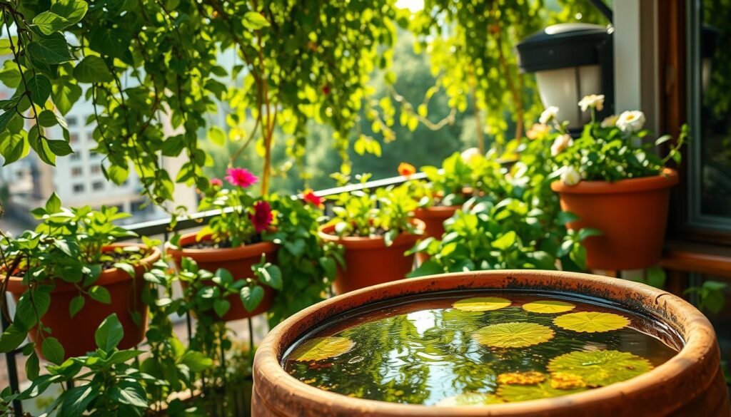 A lush, well-tended balcony garden with vibrant, verdant planters overflowing with rich, dark soil. Sunlight filters through a canopy of trailing vines and blooming flowers, casting a warm, golden glow. In the foreground, a terracotta pot filled to the brim with crystal-clear water, reflecting the greenery above. The scene radiates a sense of tranquility and nurturing, conveying the importance of the foundational elements – earth and water – in creating a thriving, bountiful balcony oasis.