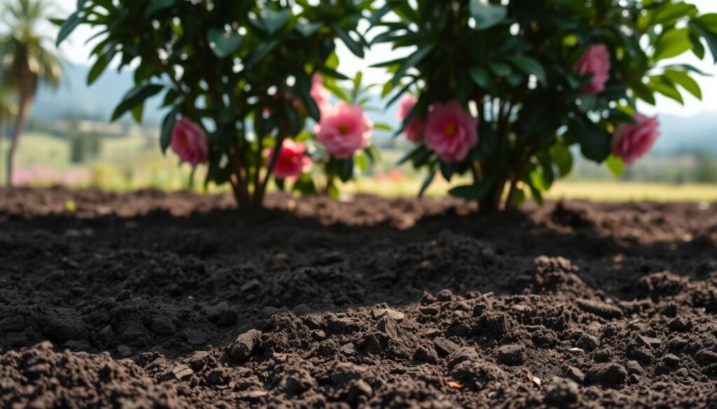 A lush, well-tended garden bed showcases the ideal soil conditions for thriving camellias. In the foreground, dark, nutrient-rich earth is carefully tilled, creating a welcoming home for the plant's delicate roots. Soft, diffused light filters through the scene, illuminating the rich, loamy texture of the soil. In the middle ground, healthy camellia bushes stand tall, their glossy, deep-green leaves gently swaying. The background features a tranquil landscape, with rolling hills and a distant tree line, conveying a sense of peaceful harmony. The overall composition evokes a serene, nurturing environment, perfectly suited for the cultivation of these beautiful, bloom-laden shrubs.