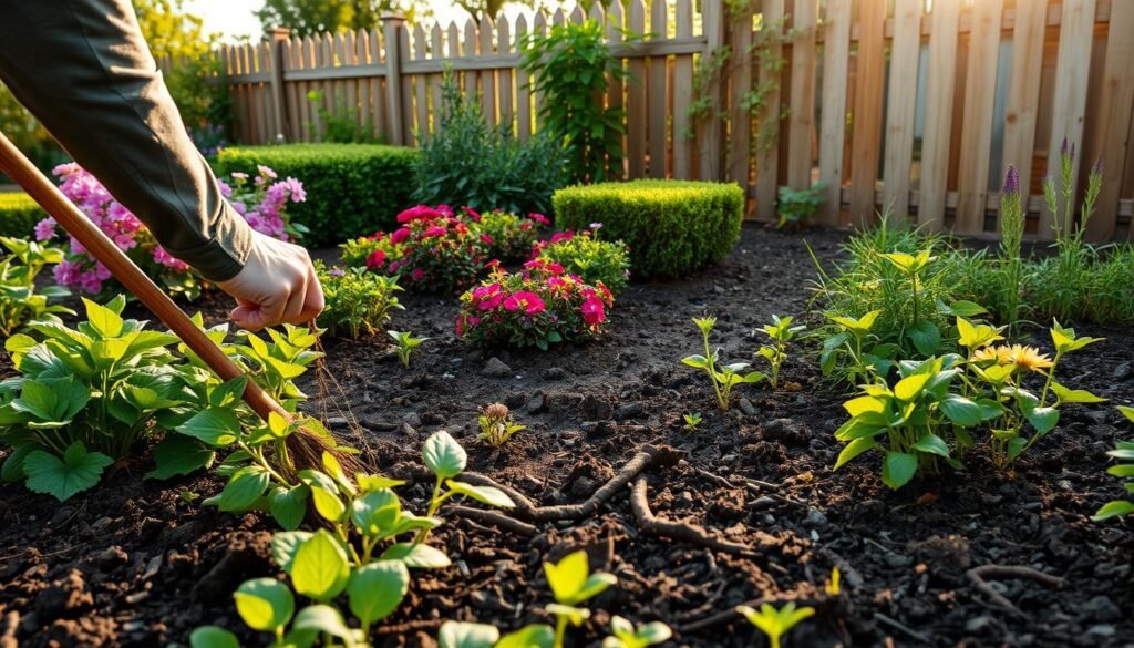 A lush, well-tended garden with a focus on weed management. In the foreground, a person carefully pulling up weeds by hand, their brow furrowed in concentration. The middle ground features a variety of healthy, vibrant plants - flowering perennials, neatly trimmed hedges, and rich, dark soil. In the background, a wooden fence frames the scene, casting a warm, golden glow from the afternoon sun. The overall atmosphere is one of hard work, attention to detail, and a deep appreciation for the beauty and health of the garden.