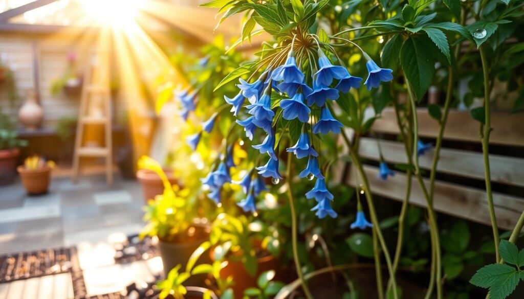 A lush, well-tended garden with a thriving Plumbago Stämmchen plant at the center. The plant's vibrant blue flowers cascade gracefully from its slender, silver-green stems. Beams of warm, golden sunlight filter through the canopy of verdant foliage, casting a gentle glow over the scene. In the foreground, droplets of water cling to the plant's leaves, evidence of its recent, careful watering. The background features a harmonious blend of potted plants, gardening tools, and a weathered wooden bench, creating a tranquil, nurturing atmosphere. Captured with a crisp, high-resolution lens, this image conveys the love and attention required to maintain a healthy Plumbago Stämmchen.