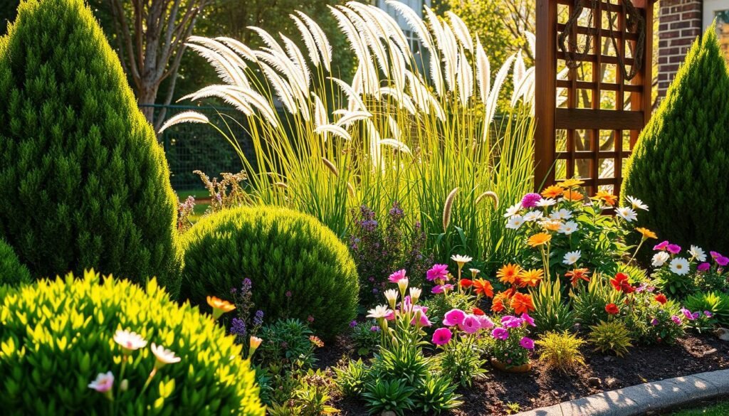 A lush, well-tended perennial garden bed in the warm glow of springtime sunlight. In the foreground, neatly pruned shrubs and perennials burst with vibrant new foliage and delicate blooms. The middle ground features a mix of tall, swaying grasses and colorful flowering plants, their petals catching the gentle breeze. In the background, a wooden garden trellis frames the scene, its weathered surface complementing the earthy tones of the soil. The lighting is soft and diffused, creating a serene, inviting atmosphere that emphasizes the garden's natural beauty and the care taken in its springtime maintenance.