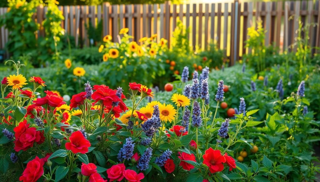 A lush, well-tended summer garden bed, bathed in warm, golden afternoon light. In the foreground, vibrant flowers in a riot of colors - crimson roses, sunny sunflowers, delicate lavender. Trailing vines and lush foliage cascade over the edges, creating a sense of abundant growth. The mid-ground features healthy vegetable plants - plump tomatoes, leafy greens, and sturdy herbs. In the background, a wooden fence partially obscures a verdant tree line, hinting at the larger landscape beyond. The scene conveys a sense of care, productivity, and the joyful bounty of the summer growing season. A lush, well-tended summer garden bed, bathed in warm, golden afternoon light. In the foreground, vibrant flowers in a riot of colors - crimson roses, sunny sunflowers, delicate lavender. Trailing vines and lush foliage cascade over the edges, creating a sense of abundant growth. The mid-ground features healthy vegetable plants - plump tomatoes, leafy greens, and sturdy herbs. In the background, a wooden fence partially obscures a verdant tree line, hinting at the larger landscape beyond. The scene conveys a sense of care, productivity, and the joyful bounty of the summer growing season.
