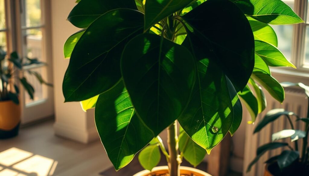 A lush, well-watered Ficus lyrata (Fiddle-leaf Fig) stands prominently in a sun-dappled indoor setting. Its broad, glossy leaves catch the warm light, creating captivating plays of shadow and highlights. The plant's soil is moist but not waterlogged, with visible signs of recent thorough watering. The scene exudes a sense of tranquility and healthy plant growth, highlighting the ideal watering practices for this finicky houseplant. The camera angle captures the Fiddle-leaf Fig from a slightly elevated perspective, emphasizing its sculptural form and graceful lines. An atmosphere of serene, indoor plant care pervades the image.