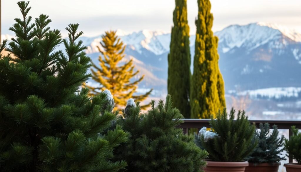 A lush winter patio scene, with a collection of potted evergreen trees and shrubs in the foreground, their glossy leaves and needle-like foliage casting cool shadows. In the middle ground, a pair of tall, slender cypress trees frame the view, their verdant boughs swaying gently in a light breeze. Beyond, a backdrop of snow-capped mountains rises up, the peaks bathed in a warm, golden glow from the setting sun. The overall mood is one of tranquility and seasonal beauty, the plants thriving despite the chilly temperatures. Soft, diffused lighting illuminates the scene, creating a serene, atmospheric ambiance.