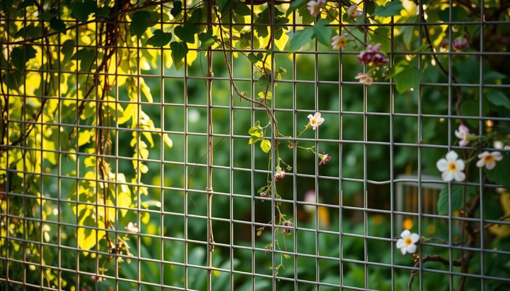 A metal wire mesh trellis structure in a lush garden setting. The trellis is made of tightly woven galvanized steel wires, forming a sturdy, yet elegant grid pattern. Trailing vines and flowering plants gracefully climb up the wire frame, creating a naturalistic, organic composition. Warm, diffused sunlight filters through the foliage, casting gentle shadows and highlights across the wire mesh. The trellis is positioned at an angle, providing depth and visual interest. The scene conveys a sense of tranquility and a harmonious integration of human-made and natural elements. A metal wire mesh trellis structure in a lush garden setting. The trellis is made of tightly woven galvanized steel wires, forming a sturdy, yet elegant grid pattern. Trailing vines and flowering plants gracefully climb up the wire frame, creating a naturalistic, organic composition. Warm, diffused sunlight filters through the foliage, casting gentle shadows and highlights across the wire mesh. The trellis is positioned at an angle, providing depth and visual interest. The scene conveys a sense of tranquility and a harmonious integration of human-made and natural elements.