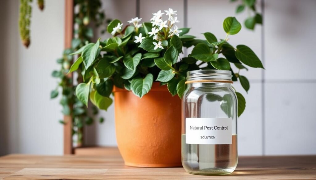 A meticulously arranged potted plant, its lush foliage and delicate blooms the focal point. In the foreground, a glass jar filled with a natural pest control solution, its label clearly visible. The scene is bathed in soft, diffused natural lighting, emphasizing the verdant hues and creating a sense of tranquility. In the background, a wooden table or shelf provides a rustic, earthy backdrop, complementing the organic nature of the subject. The overall composition conveys a sense of care, expertise, and a holistic approach to plant maintenance, perfectly reflecting the "Experten-Tipps und Problemlösungen" theme.