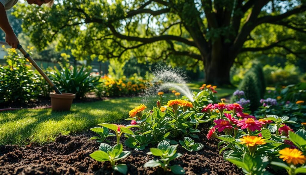 A meticulously cultivated garden with lush greenery and vibrant flowers. In the foreground, a gardener carefully applies organic fertilizer to the soil, their movements precise and measured. In the middle ground, a garden hose gently sprinkles water onto the thirsty plants, the droplets catching the soft, warm light. In the background, a mature tree casts dappled shadows across the scene, creating an atmosphere of tranquility and rejuvenation. The overall mood is one of nurturing care and harmony between nature and human stewardship. Captured with a wide-angle lens to emphasize the depth and scale of the garden, the lighting is natural and soft, lending a sense of timelessness to the image. A meticulously cultivated garden with lush greenery and vibrant flowers. In the foreground, a gardener carefully applies organic fertilizer to the soil, their movements precise and measured. In the middle ground, a garden hose gently sprinkles water onto the thirsty plants, the droplets catching the soft, warm light. In the background, a mature tree casts dappled shadows across the scene, creating an atmosphere of tranquility and rejuvenation. The overall mood is one of nurturing care and harmony between nature and human stewardship. Captured with a wide-angle lens to emphasize the depth and scale of the garden, the lighting is natural and soft, lending a sense of timelessness to the image.