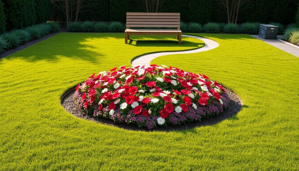 A meticulously designed modern garden bed with clear, bold lines and a minimalist aesthetic. The foreground features a neatly trimmed lawn with sharp edges, contrasting with the carefully curated flower bed in the center. The bed is filled with a harmonious arrangement of vibrant blooms in muted yet striking colors, such as deep reds, soft pinks, and crisp whites. The middle ground showcases precisely defined pathways winding through the garden, leading the eye towards a sleek wooden bench in the background. Overhead, the scene is bathed in warm, natural lighting, creating a sense of tranquility and sophistication. The overall composition emphasizes clean geometry, harmonious balance, and a refined, contemporary vision for the modern gardener. A meticulously designed modern garden bed with clear, bold lines and a minimalist aesthetic. The foreground features a neatly trimmed lawn with sharp edges, contrasting with the carefully curated flower bed in the center. The bed is filled with a harmonious arrangement of vibrant blooms in muted yet striking colors, such as deep reds, soft pinks, and crisp whites. The middle ground showcases precisely defined pathways winding through the garden, leading the eye towards a sleek wooden bench in the background. Overhead, the scene is bathed in warm, natural lighting, creating a sense of tranquility and sophistication. The overall composition emphasizes clean geometry, harmonious balance, and a refined, contemporary vision for the modern gardener.