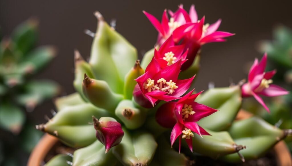 A meticulously detailed, close-up image of a Schlumbergera (Thanksgiving/Christmas Cactus) plant in its natural state, showcasing the distinct seasonal variations in its appearance. The cactus is captured in a soft, indirect lighting setup, highlighting the succulent leaves and vibrant fuchsia-colored flowers bursting forth. The background is slightly blurred, placing the focus on the plant's intricate textures and vibrant hues. The overall composition conveys a sense of tranquility and the natural rhythms of the plant's life cycle throughout the year.