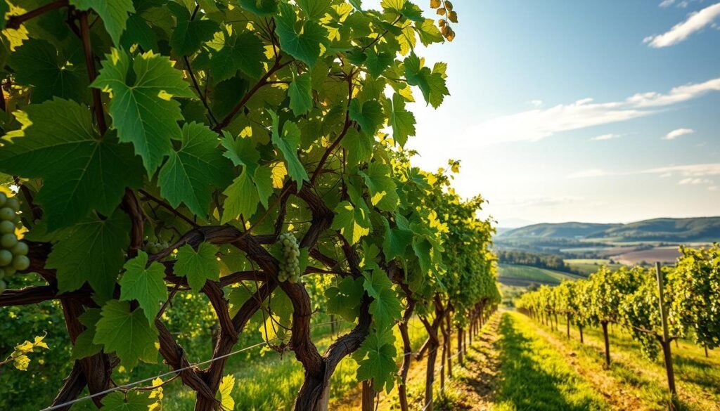 A meticulously detailed, lush trellis system supporting the verdant, gently curving tendrils of ripe weinreben grapes. The complex latticework casts soft, warm shadows, creating a serene, inviting ambiance. Sunlight filters through the leaves, imbuing the scene with a golden, rustic glow. The foreground features the intricate, intertwining wooden structure, while the background depicts a tranquil, idyllic countryside setting, with rolling hills and a cloudless, azure sky. Captured with a wide-angle lens, the image conveys a harmonious, natural harmony between the cultivated and the wild. A meticulously detailed, lush trellis system supporting the verdant, gently curving tendrils of ripe weinreben grapes. The complex latticework casts soft, warm shadows, creating a serene, inviting ambiance. Sunlight filters through the leaves, imbuing the scene with a golden, rustic glow. The foreground features the intricate, intertwining wooden structure, while the background depicts a tranquil, idyllic countryside setting, with rolling hills and a cloudless, azure sky. Captured with a wide-angle lens, the image conveys a harmonious, natural harmony between the cultivated and the wild.