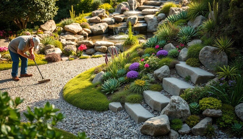 A meticulously maintained Steingarten with lush greenery, vibrant flowers, and carefully placed stones. In the foreground, a gardener tending to the arrangement, pruning plants and raking gravel. The middle ground showcases a variety of succulents, mosses, and low-growing perennials in harmonious colors and textures. The background features a tranquil water feature, its gentle sounds creating a peaceful ambiance. Soft, warm lighting illuminates the scene, casting gentle shadows and highlighting the natural beauty of the well-cared-for garden. The overall composition conveys a sense of balance, attention to detail, and a deep appreciation for the art of Steingarten design and maintenance. A meticulously maintained Steingarten with lush greenery, vibrant flowers, and carefully placed stones. In the foreground, a gardener tending to the arrangement, pruning plants and raking gravel. The middle ground showcases a variety of succulents, mosses, and low-growing perennials in harmonious colors and textures. The background features a tranquil water feature, its gentle sounds creating a peaceful ambiance. Soft, warm lighting illuminates the scene, casting gentle shadows and highlighting the natural beauty of the well-cared-for garden. The overall composition conveys a sense of balance, attention to detail, and a deep appreciation for the art of Steingarten design and maintenance.