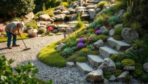 A meticulously maintained Steingarten with lush greenery, vibrant flowers, and carefully placed stones. In the foreground, a gardener tending to the arrangement, pruning plants and raking gravel. The middle ground showcases a variety of succulents, mosses, and low-growing perennials in harmonious colors and textures. The background features a tranquil water feature, its gentle sounds creating a peaceful ambiance. Soft, warm lighting illuminates the scene, casting gentle shadows and highlighting the natural beauty of the well-cared-for garden. The overall composition conveys a sense of balance, attention to detail, and a deep appreciation for the art of Steingarten design and maintenance.