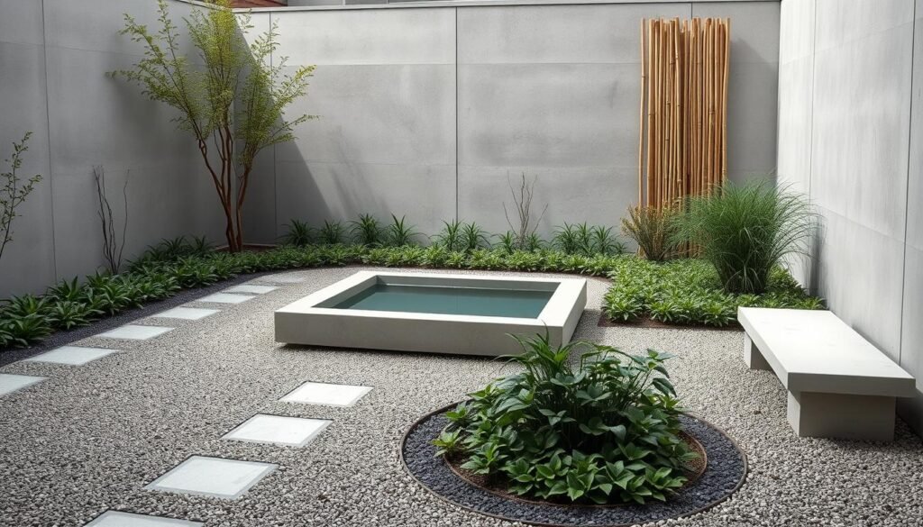 A minimalist garden with sleek concrete elements and discreet privacy screens. The focal point is a modern concrete water feature, its still surface reflecting the surrounding vegetation. Carefully placed gravel paths wind through low-growing plants, their muted colors and simple forms creating a serene, contemplative atmosphere. Smooth concrete benches offer a place to pause and take in the understated beauty. Tall, regimented bamboo panels provide subtle screening, their organic forms contrasting with the rigid lines of the concrete. Soft, diffused lighting casts long shadows, emphasizing the clean geometry and uncluttered design. An urban oasis of simplicity and restraint.