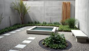 A minimalist garden with sleek concrete elements and discreet privacy screens. The focal point is a modern concrete water feature, its still surface reflecting the surrounding vegetation. Carefully placed gravel paths wind through low-growing plants, their muted colors and simple forms creating a serene, contemplative atmosphere. Smooth concrete benches offer a place to pause and take in the understated beauty. Tall, regimented bamboo panels provide subtle screening, their organic forms contrasting with the rigid lines of the concrete. Soft, diffused lighting casts long shadows, emphasizing the clean geometry and uncluttered design. An urban oasis of simplicity and restraint.