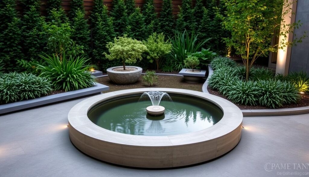 A modern garden featuring a serene water element. A tranquil pond or fountain takes center stage, surrounded by lush, carefully curated greenery. Sleek, minimalist hardscaping such as smooth stone or concrete borders the water feature, creating a simple yet striking visual contrast. Soft lighting, perhaps from concealed fixtures, casts a gentle glow and reflects off the still surface, infusing the scene with a calming ambiance. The overall design emphasizes clean lines, natural materials, and a harmonious integration of water and vegetation, embodying a contemporary, zen-like aesthetic perfect for an upscale outdoor living space.