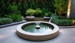 A modern garden featuring a serene water element. A tranquil pond or fountain takes center stage, surrounded by lush, carefully curated greenery. Sleek, minimalist hardscaping such as smooth stone or concrete borders the water feature, creating a simple yet striking visual contrast. Soft lighting, perhaps from concealed fixtures, casts a gentle glow and reflects off the still surface, infusing the scene with a calming ambiance. The overall design emphasizes clean lines, natural materials, and a harmonious integration of water and vegetation, embodying a contemporary, zen-like aesthetic perfect for an upscale outdoor living space.