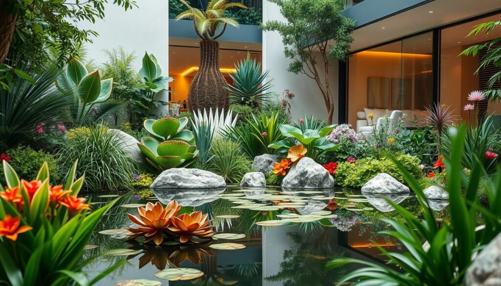 A modern garden oasis, filled with lush, diverse foliage and harmonious textures. A tranquil pond reflects the surrounding greenery, its surface gently rippled by the breeze. Sculptural plants and vibrant flowers adorn the middle ground, creating a sense of depth and intrigue. The background features sleek, minimalist architecture, seamlessly blending the indoor and outdoor spaces. Warm, diffused lighting casts a soft, inviting glow, evoking a serene, restorative atmosphere. The composition captures a balance of nature and modern design, inviting the viewer to imagine themselves immersed in this serene, rejuvenating garden sanctuary.