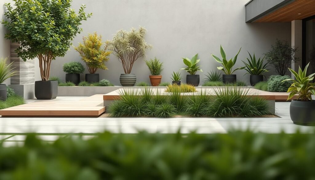 A modern garden oasis with a minimalist aesthetic. In the foreground, clean lines and geometric shapes in natural materials like stone, wood, and concrete create a sleek, contemporary look. The middle ground features lush greenery - carefully curated shrubs, grasses, and potted plants that add pops of color and texture. The background blends seamlessly with the environment, featuring a neutral palette and soft, diffused lighting that evokes a serene, contemplative mood. The overall composition emphasizes balance, simplicity, and the harmonious integration of manmade and natural elements. A 50mm lens captures the scene with a shallow depth of field, drawing the viewer's eye to the carefully considered details.