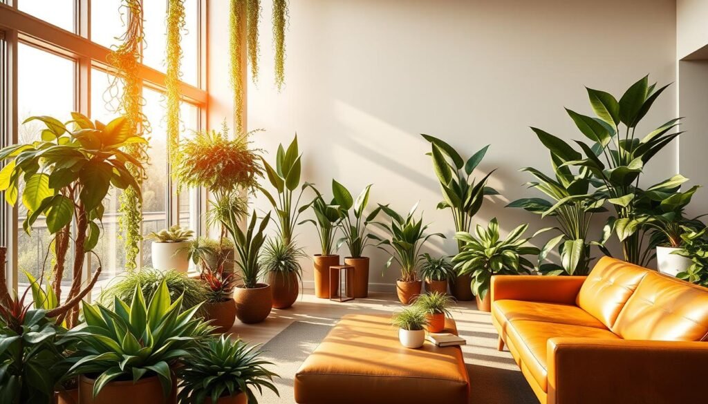 A modern living room with a curated collection of lush, vibrant plants. Sunlight streams through large windows, casting a warm glow on the space. Minimalist furniture in natural materials like wood and leather provide a sleek, sophisticated backdrop. Succulents, trailing vines, and tall, architectural plants are strategically placed to create visual interest and a sense of harmony. The overall atmosphere is one of tranquility and renewal, with the plants serving as the focal point and a connection to the natural world. Captured with a wide-angle lens to emphasize the spaciousness and seamless integration of the plants within the room. A modern living room with a curated collection of lush, vibrant plants. Sunlight streams through large windows, casting a warm glow on the space. Minimalist furniture in natural materials like wood and leather provide a sleek, sophisticated backdrop. Succulents, trailing vines, and tall, architectural plants are strategically placed to create visual interest and a sense of harmony. The overall atmosphere is one of tranquility and renewal, with the plants serving as the focal point and a connection to the natural world. Captured with a wide-angle lens to emphasize the spaciousness and seamless integration of the plants within the room.