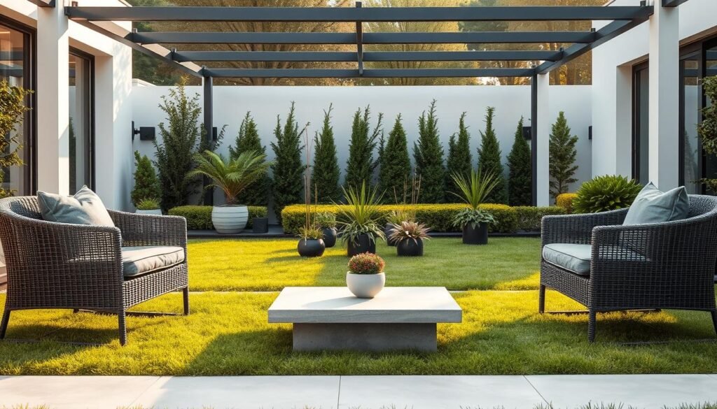 A modern, minimalist garden setting featuring sleek patio furniture arranged around a lush, manicured lawn. In the foreground, a low-profile concrete coffee table with smooth edges is surrounded by a pair of modern wicker armchairs with plush grey cushions. In the middle ground, a series of neatly trimmed hedges and potted plants add pops of greenery, while the background reveals a contemporary glass-and-steel pergola casting warm, diffused light across the scene. The overall atmosphere is one of clean, sophisticated style and effortless elegance.