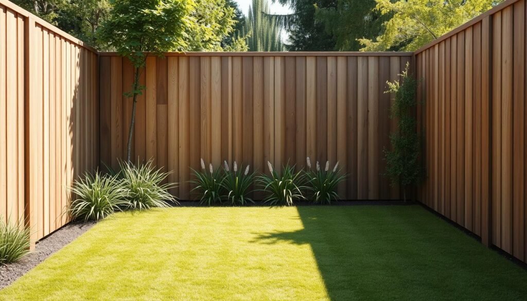 A modern, minimalist garden with sleek, wooden sichtschutz panels offering both privacy and aesthetic appeal. The panels are arranged in a clean, linear fashion, casting gentle shadows across a lush, manicured lawn. Soft, diffused natural light filters through, illuminating the scene with a warm, inviting glow. The sichtschutz seamlessly blends with the surrounding greenery, creating a harmonious, naturalistic atmosphere. Subtle details like smooth textures and precise lines emphasize the design's functional and visual sophistication. The overall composition exudes a sense of serene, contemporary elegance perfectly suited for a modern, well-tended small garden. A modern, minimalist garden with sleek, wooden sichtschutz panels offering both privacy and aesthetic appeal. The panels are arranged in a clean, linear fashion, casting gentle shadows across a lush, manicured lawn. Soft, diffused natural light filters through, illuminating the scene with a warm, inviting glow. The sichtschutz seamlessly blends with the surrounding greenery, creating a harmonious, naturalistic atmosphere. Subtle details like smooth textures and precise lines emphasize the design's functional and visual sophistication. The overall composition exudes a sense of serene, contemporary elegance perfectly suited for a modern, well-tended small garden.