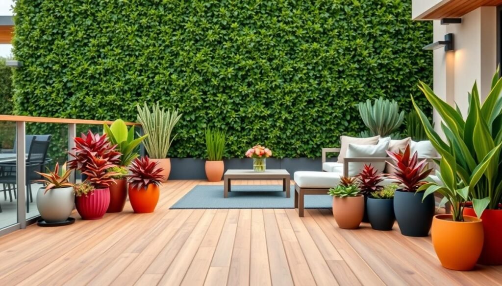 A modern terrace design featuring a harmonious blend of natural wood textures and vibrant color accents. In the foreground, a slatted wooden deck extends outward, its warm tones complemented by a striking array of potted plants in rich hues. Midground showcases a sleek outdoor furniture set, with minimalist lines and a neutral color palette that seamlessly integrates with the surrounding environment. In the background, a towering wall of lush greenery acts as a verdant backdrop, infusing the scene with a serene, nature-inspired ambiance. Soft, diffused lighting casts a gentle glow, highlighting the interplay of materials and creating a welcoming, relaxing atmosphere perfect for modern terrace design. A modern terrace design featuring a harmonious blend of natural wood textures and vibrant color accents. In the foreground, a slatted wooden deck extends outward, its warm tones complemented by a striking array of potted plants in rich hues. Midground showcases a sleek outdoor furniture set, with minimalist lines and a neutral color palette that seamlessly integrates with the surrounding environment. In the background, a towering wall of lush greenery acts as a verdant backdrop, infusing the scene with a serene, nature-inspired ambiance. Soft, diffused lighting casts a gentle glow, highlighting the interplay of materials and creating a welcoming, relaxing atmosphere perfect for modern terrace design.