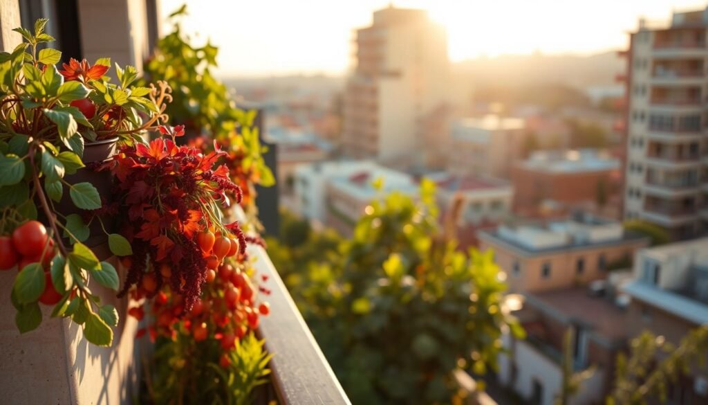 A neatly organized balcony, its railing adorned with lush, vibrant herb plants. The foreground showcases the ripe, freshly harvested herbs - their vibrant colors and textures inviting the viewer to reach out and touch them. The middle ground features the gardener's hands carefully plucking the herbs, their movements deliberate and graceful. The background reveals a scenic urban landscape, the warm afternoon sunlight casting a soft, golden glow over the scene. The composition is well-balanced, drawing the eye to the central focus of the harvest. The lighting is natural and diffused, creating a sense of tranquility and connection with the natural world. The overall mood is one of abundance, mindfulness, and the simple pleasure of tending to one's own urban garden.