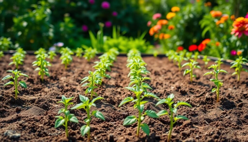 A neatly organized vegetable garden bed in soft natural light, the rich soil freshly tilled. In the foreground, tomato seedlings stand in orderly rows, their leaves gently swaying. The middle ground showcases the precise planting distances, with equal spacing between each plant to allow for optimal growth. In the background, a verdant backdrop of lush greenery and vibrant flowers frames the scene, creating a serene and inviting atmosphere. The image captures the care and attention required for successful tomato cultivation, a visual guide for the "Planting Distances and Seedling Care" section of the article. A neatly organized vegetable garden bed in soft natural light, the rich soil freshly tilled. In the foreground, tomato seedlings stand in orderly rows, their leaves gently swaying. The middle ground showcases the precise planting distances, with equal spacing between each plant to allow for optimal growth. In the background, a verdant backdrop of lush greenery and vibrant flowers frames the scene, creating a serene and inviting atmosphere. The image captures the care and attention required for successful tomato cultivation, a visual guide for the "Planting Distances and Seedling Care" section of the article.
