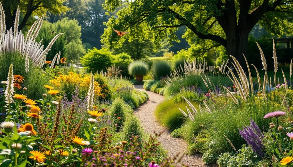 A peaceful, lush garden scene with diverse flora and fauna. A foreground of thriving perennials, shrubs, and grasses creates a natural, unmanicured habitat. A meandering path winds through the middle ground, inviting exploration. The background features towering trees casting soft, dappled light across the scene. Bees and butterflies flit among the flowers, while birds and small critters scurry about. The overall atmosphere is one of tranquility and harmony, showcasing how intentional garden structures can foster a rich, ecological oasis.