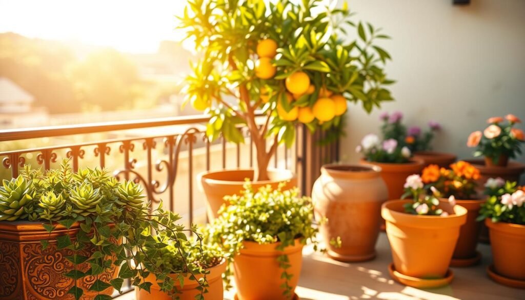 A perfectly composed outdoor scene with a variety of lush, well-placed potted plants thriving in bright, warm sunlight. In the foreground, succulents and trailing vines cascade from ornate ceramic planters. In the middle ground, a flourishing potted citrus tree casts a soft, dappled shadow. In the background, a tidy arrangement of terracotta pots showcases healthy blooming flowers. The entire scene is bathed in a golden afternoon glow, creating a tranquil, inviting atmosphere perfect for a sunny balcony or patio. The lighting is natural and even, with no harsh shadows or hotspots. The camera angle is slightly elevated, offering a pleasing bird's-eye perspective.