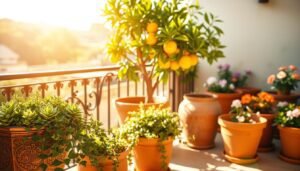 A perfectly composed outdoor scene with a variety of lush, well-placed potted plants thriving in bright, warm sunlight. In the foreground, succulents and trailing vines cascade from ornate ceramic planters. In the middle ground, a flourishing potted citrus tree casts a soft, dappled shadow. In the background, a tidy arrangement of terracotta pots showcases healthy blooming flowers. The entire scene is bathed in a golden afternoon glow, creating a tranquil, inviting atmosphere perfect for a sunny balcony or patio. The lighting is natural and even, with no harsh shadows or hotspots. The camera angle is slightly elevated, offering a pleasing bird's-eye perspective.