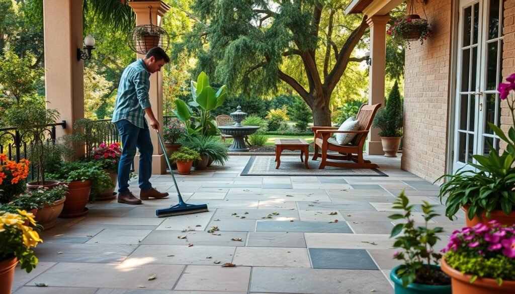 A picturesque terrace with a well-maintained natural stone surface, surrounded by lush greenery and vibrant potted plants. In the foreground, a person is gently sweeping the floor, meticulously removing debris and leaves. The middle ground features a sleek, wooden patio furniture set, complemented by a cozy outdoor rug. In the background, a serene garden with towering trees casts a warm, dappled light across the scene. The overall atmosphere is one of tranquility and a harmonious integration of indoor and outdoor living spaces. A picturesque terrace with a well-maintained natural stone surface, surrounded by lush greenery and vibrant potted plants. In the foreground, a person is gently sweeping the floor, meticulously removing debris and leaves. The middle ground features a sleek, wooden patio furniture set, complemented by a cozy outdoor rug. In the background, a serene garden with towering trees casts a warm, dappled light across the scene. The overall atmosphere is one of tranquility and a harmonious integration of indoor and outdoor living spaces.