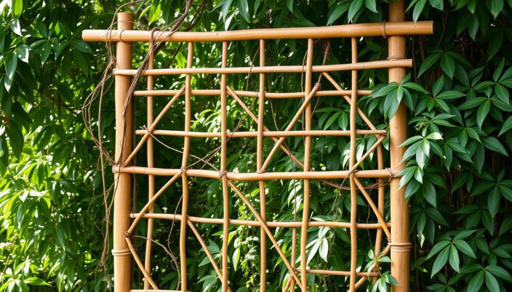 A rustic, natural bamboo trellis standing tall against a backdrop of lush, verdant foliage. The slender, intertwining stalks create a charming, organic lattice structure, inviting vines and creeping plants to climb and entwine. Soft, diffused sunlight filters through the leaves, casting delicate shadows and highlights on the warm, earthy tones of the bamboo. The scene exudes a sense of tranquility and harmony, perfectly capturing the essence of a natural, sustainable trellis for a garden or outdoor space. A rustic, natural bamboo trellis standing tall against a backdrop of lush, verdant foliage. The slender, intertwining stalks create a charming, organic lattice structure, inviting vines and creeping plants to climb and entwine. Soft, diffused sunlight filters through the leaves, casting delicate shadows and highlights on the warm, earthy tones of the bamboo. The scene exudes a sense of tranquility and harmony, perfectly capturing the essence of a natural, sustainable trellis for a garden or outdoor space.