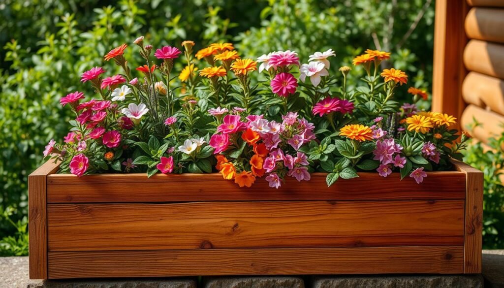 A rustic wooden flower box filled with a vibrant array of blooming plants, set against a backdrop of lush greenery and natural lighting. The box is crafted from a variety of warm-toned hardwoods, each with its own distinct grain and texture, artfully arranged to create a visually striking and inviting display. The scene is captured with a clean, crisp camera angle, highlighting the craftsmanship and the natural beauty of the floral display. The overall mood is one of tranquility and the harmonious integration of nature and human craftsmanship. holz für blumenkasten
