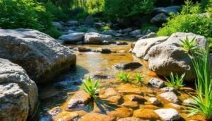 A serene Steingarten filled with a tranquil stream flowing through natural stone formations. Sunlight filters through lush foliage, casting a warm glow upon the crystal-clear waters that meander between weathered boulders and pebbles. Aquatic plants flourish at the water's edge, their vibrant greens contrasting against the earthy tones of the rocks. The scene exudes a sense of harmony, where the organic and inorganic elements coexist in a delicate balance. The camera captures this idyllic landscape from a low angle, emphasizing the scale and depth of the garden's water feature within its stone-rich setting.
